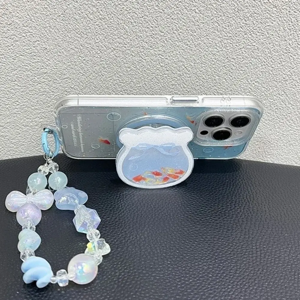 Gradient Aqua Blue Cute Little Goldfish MagSafe Grip Talk Wireless Charge Case for IPhone 17 16 Goldfish Shake Magnetic Stand