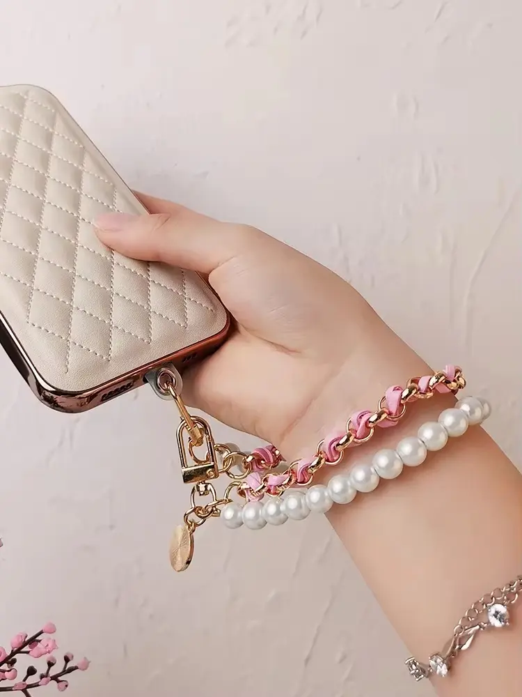 26cm Leather Pearl Camellia Mobile Phone Charm Bracelet Chain Anti-lost Universal Cell Phone Strap Rope Pendant Metal Key Chain