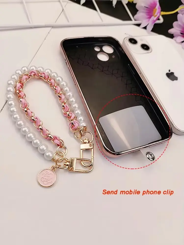26cm Leather Pearl Camellia Mobile Phone Charm Bracelet Chain Anti-lost Universal Cell Phone Strap Rope Pendant Metal Key Chain