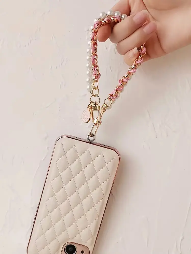 26cm Leather Pearl Camellia Mobile Phone Charm Bracelet Chain Anti-lost Universal Cell Phone Strap Rope Pendant Metal Key Chain