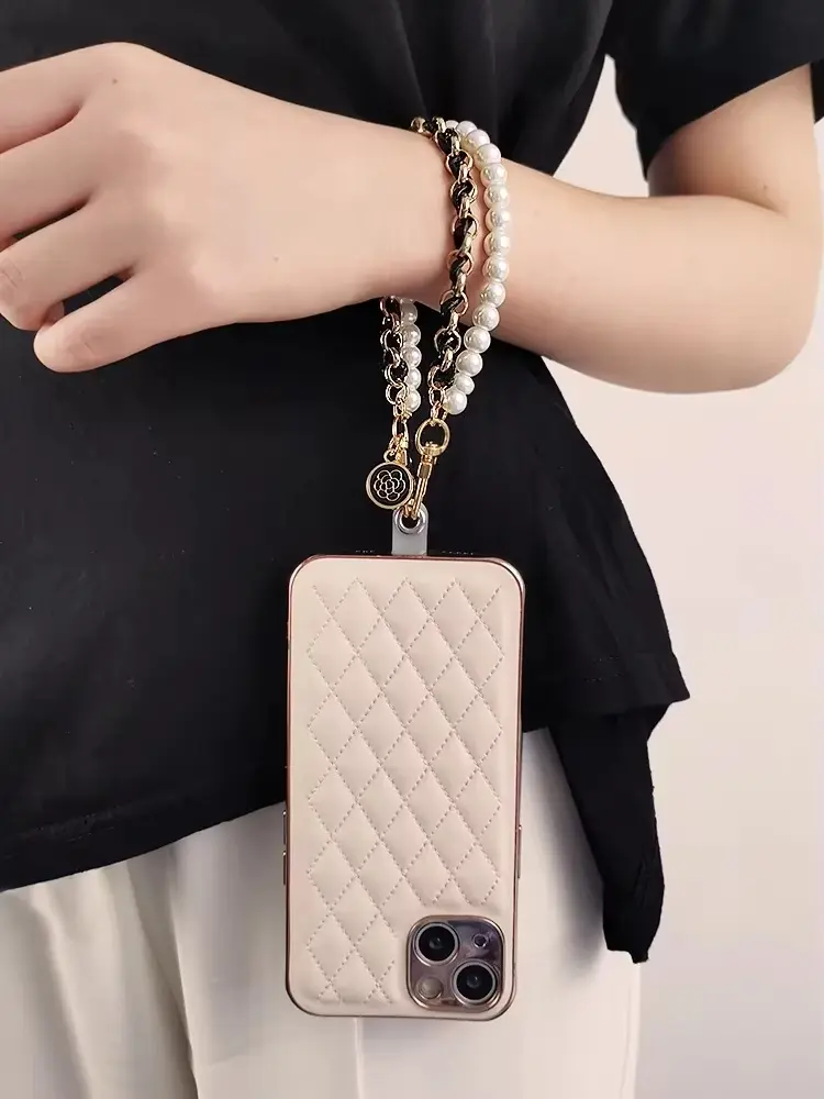 26cm Leather Pearl Camellia Mobile Phone Charm Bracelet Chain Anti-lost Universal Cell Phone Strap Rope Pendant Metal Key Chain