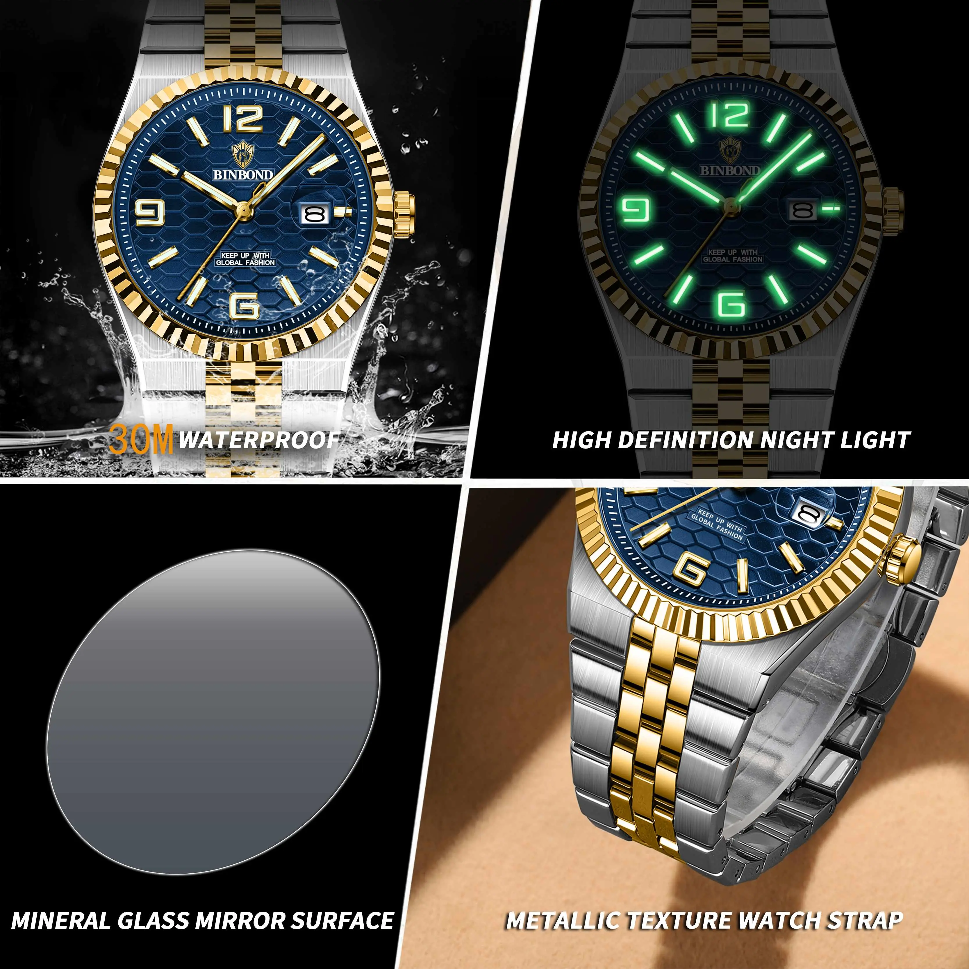 BINBOND Original Military Man Wristwatch Quartz Week Date Watch For Men Waterproof Luminous Stainless Steel Men's Watches Reloj