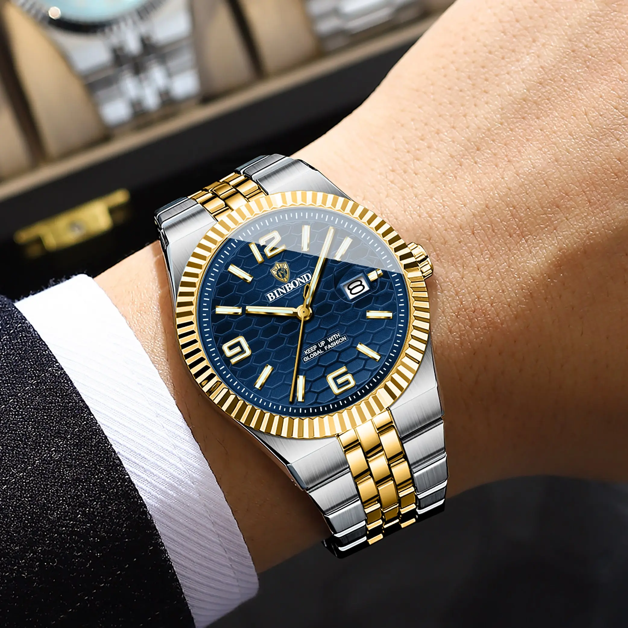 BINBOND Original Military Man Wristwatch Quartz Week Date Watch For Men Waterproof Luminous Stainless Steel Men's Watches Reloj