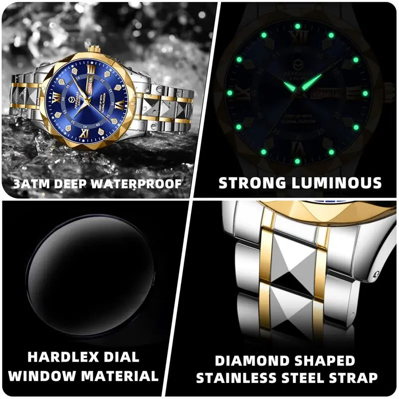 Men Watch Diamond Luxury Luminous Waterproof Double Calendar Quartz Movement Blue Gold Stainless Steel Fashion Business Watches
