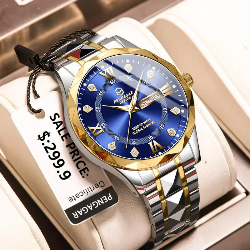 Men Watch Diamond Luxury Luminous Waterproof Double Calendar Quartz Movement Blue Gold Stainless Steel Fashion Business Watches