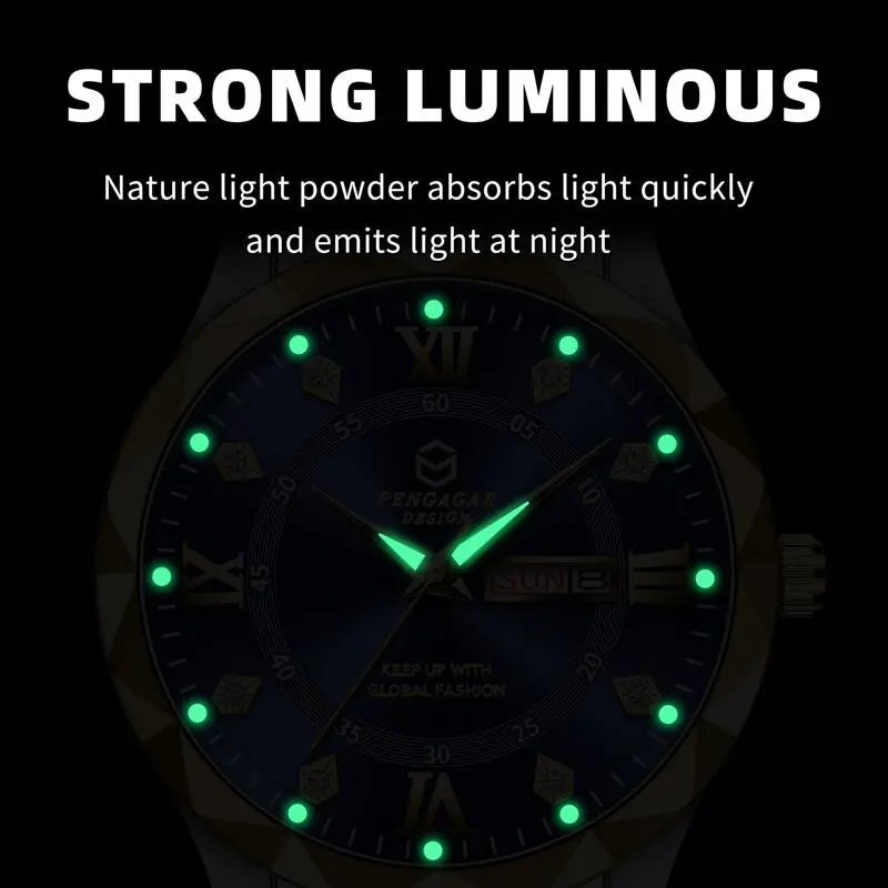 Men Watch Diamond Luxury Luminous Waterproof Double Calendar Quartz Movement Blue Gold Stainless Steel Fashion Business Watches