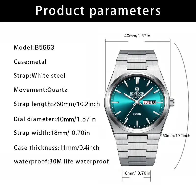 BINBOND Top Brand Luxury Men Quartz Watches Original Watch for Man Date Week Waterproof Luminous  Stainless Steel Wristwatch Mal