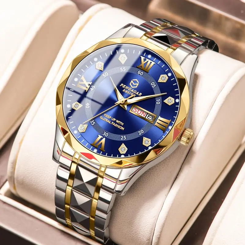 Men Watch Diamond Luxury Luminous Waterproof Double Calendar Quartz Movement Blue Gold Stainless Steel Fashion Business Watches