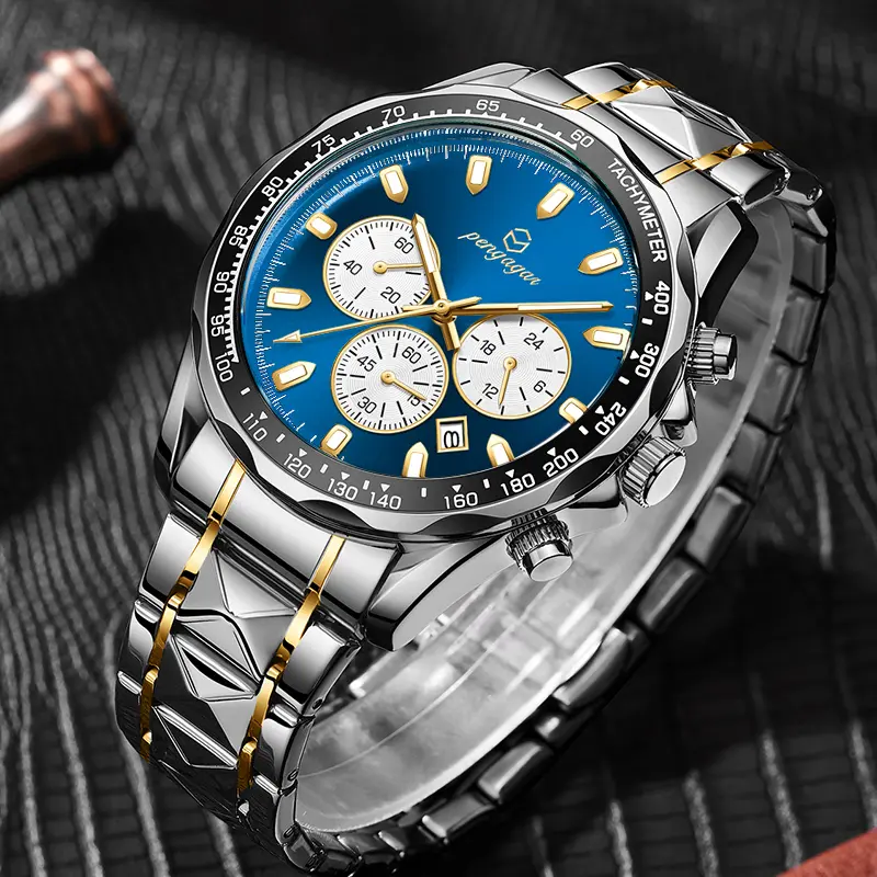 PENGAGAR Luxury Men Watch Chronograph Waterproof Luminous Date Watch For Man Stainless Steel Fashion Sports Men's Quartz Watches