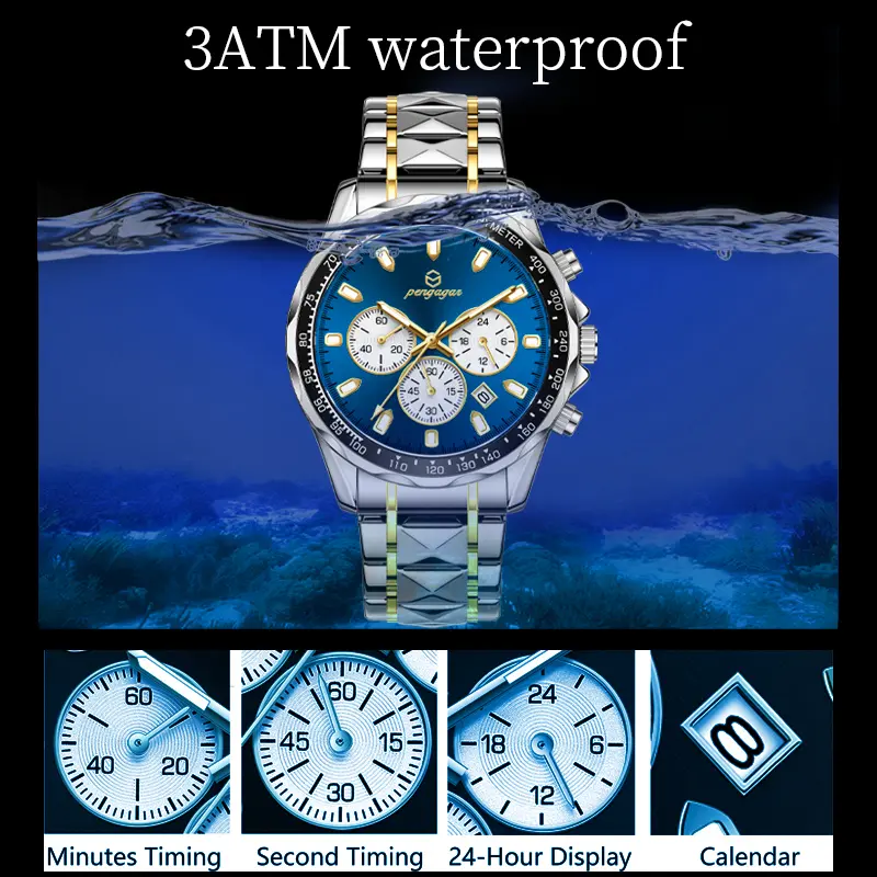 PENGAGAR Luxury Men Watch Chronograph Waterproof Luminous Date Watch For Man Stainless Steel Fashion Sports Men's Quartz Watches