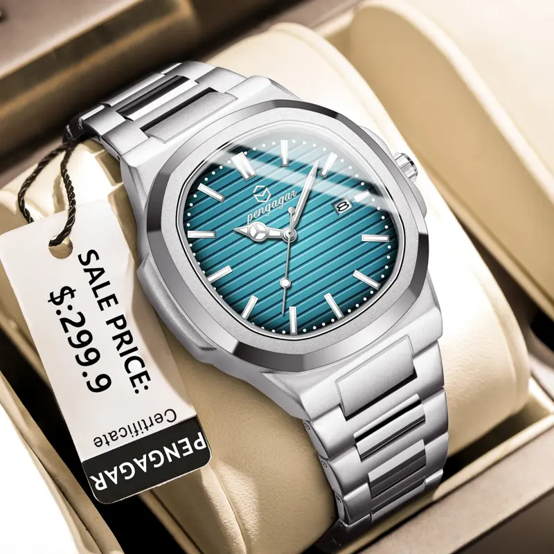 PENGAGAR Luxury Square Man Quartz Watch Waterproof Luminous Date Men's Watch High Quality Stainless Steel Business Men Watches