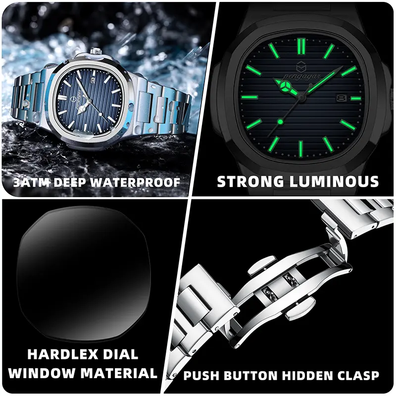 PENGAGAR Luxury Military Man Watch Square Waterproof Luminous Date Week Men Watch Stainless Steel Quartz Men's Watches Reloj+box