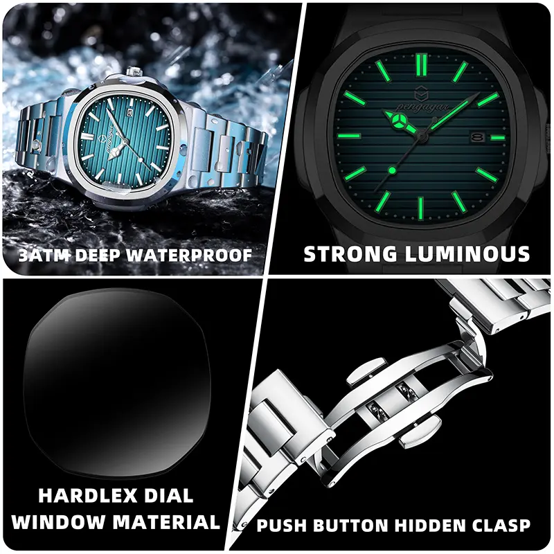 PENGAGAR Luxury Square Man Quartz Watch Waterproof Luminous Date Men's Watch High Quality Stainless Steel Business Men Watches