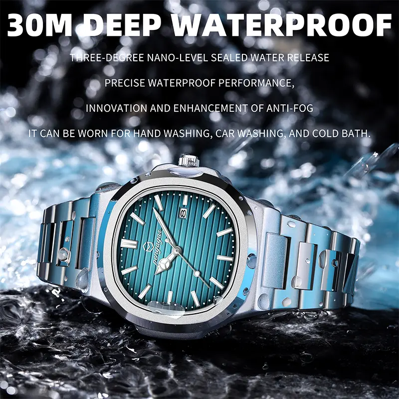 PENGAGAR Luxury Square Man Quartz Watch Waterproof Luminous Date Men's Watch High Quality Stainless Steel Business Men Watches