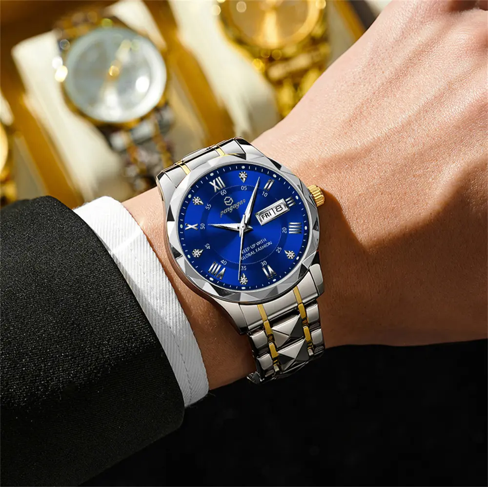 PENGAGAR Business High Quality Men Watch Sport Quartz Man Wristwatch Waterproof Luminous Date Week Stainless Steel Men's Watches