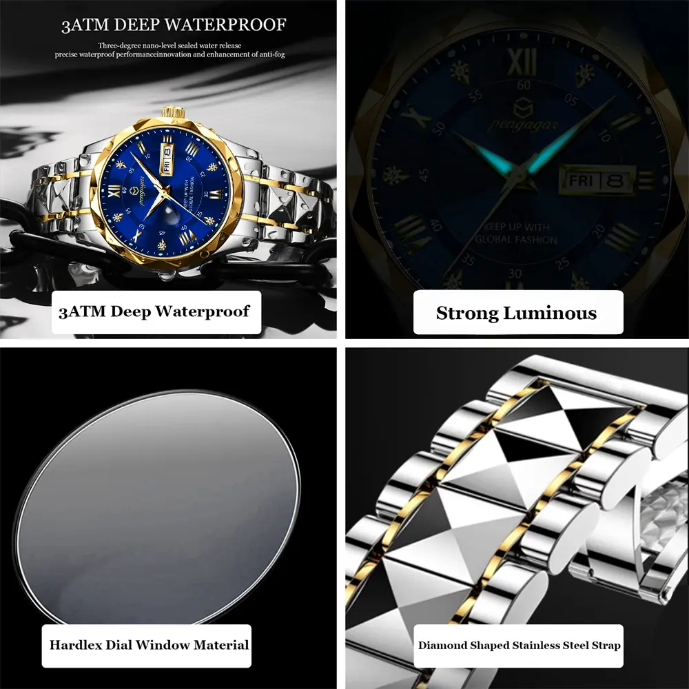PENGAGAR Business High Quality Men Watch Sport Quartz Man Wristwatch Waterproof Luminous Date Week Stainless Steel Men's Watches