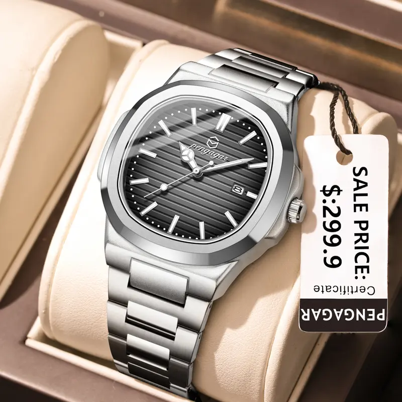 PENGAGAR Luxury Sport Quartz Man Wristwatch Waterproof Luminous Date Week Men Watches Stainless Steel Men's Watch Male Reloj+box