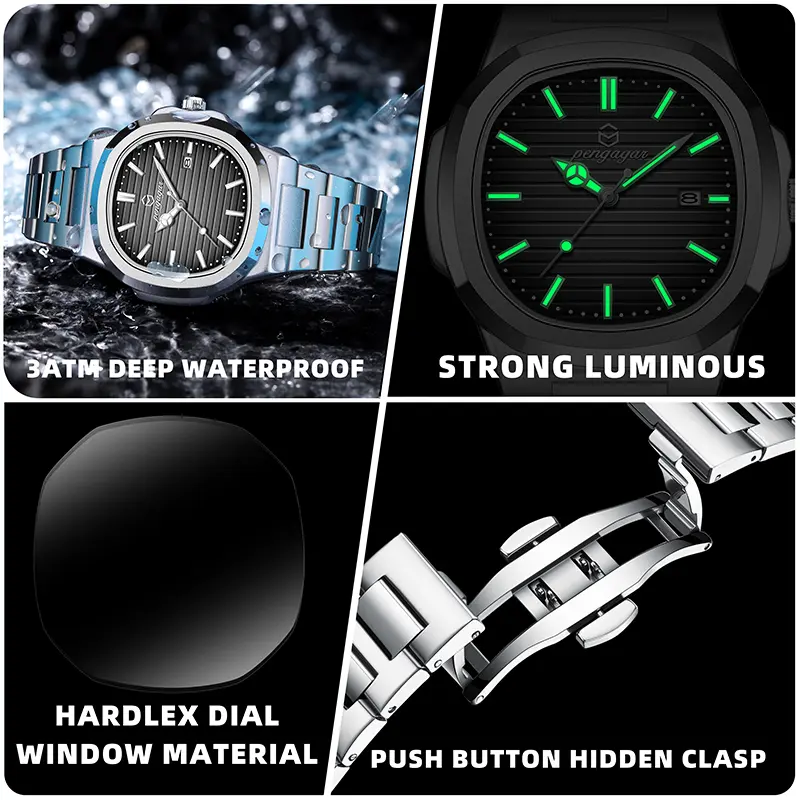 PENGAGAR Luxury Sport Quartz Man Wristwatch Waterproof Luminous Date Week Men Watches Stainless Steel Men's Watch Male Reloj+box
