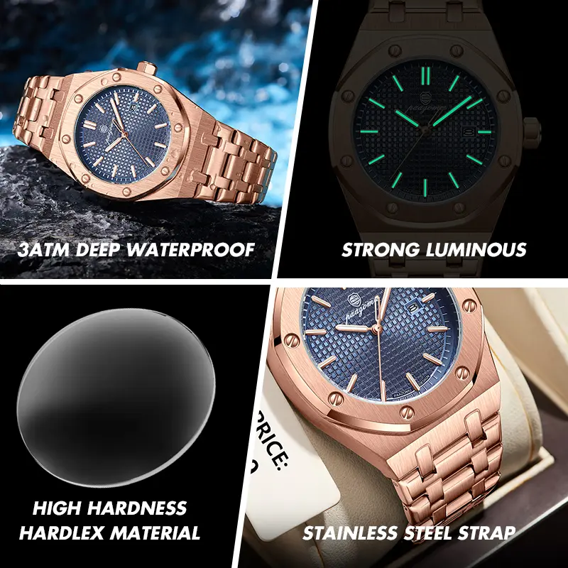 PENGAGAR Square Luxury Men Wristwatch Waterproof Luminous Date Stainless Steel Male Clock Business Sports Quartz Watches For Men