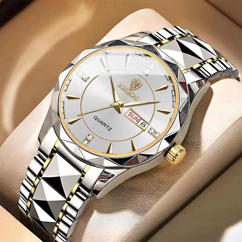 2026 Men Watch Diamond Luxury Night Glow Double Calendar Quartz Movement 41mm Gold Blue Stainless Steel Fashion Business Watch