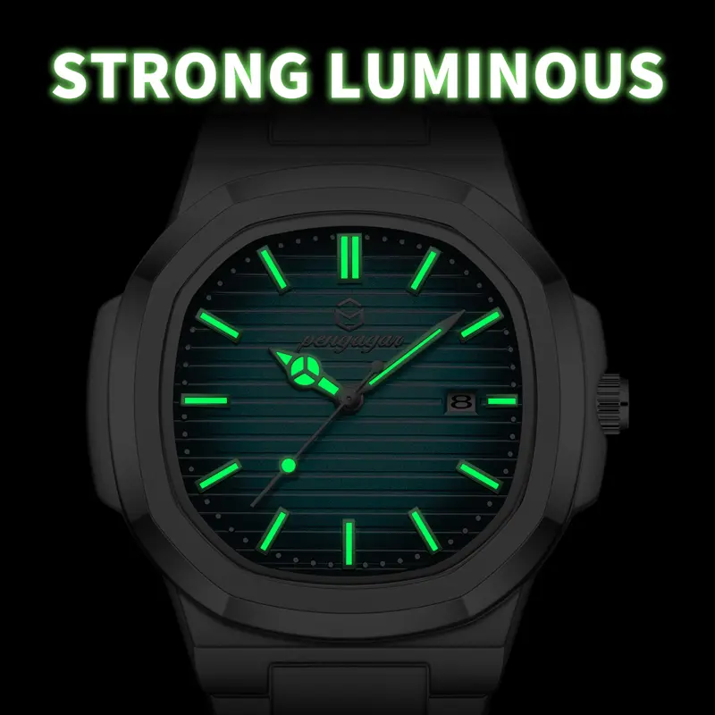 PENGAGAR Men Watches Luxury Stainless Steel Quartz Watch Man Leather Calendar Sports Wristwatch Luminous Clock reloj hombre