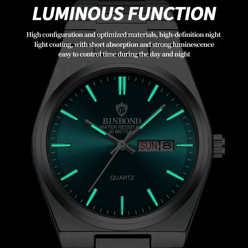 BINBOND Top Brand Luxury Men Quartz Watches Original Watch for Man Date Week Waterproof Luminous  Stainless Steel Wristwatch Mal