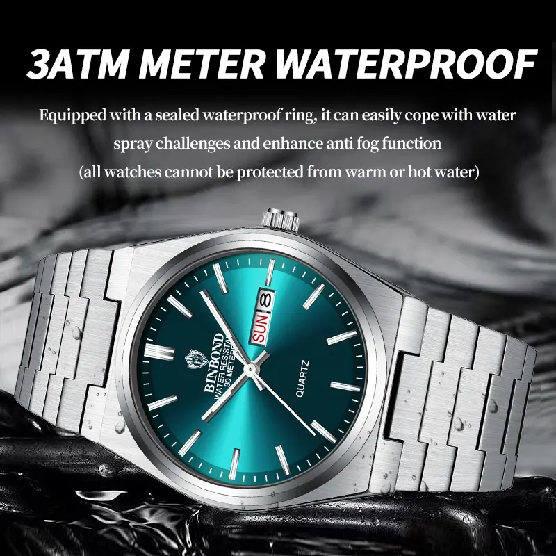 BINBOND Top Brand Luxury Men Quartz Watches Original Watch for Man Date Week Waterproof Luminous  Stainless Steel Wristwatch Mal