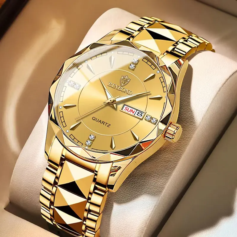 2026 Men Watch Diamond Luxury Night Glow Double Calendar Quartz Movement 41mm Gold Blue Stainless Steel Fashion Business Watch