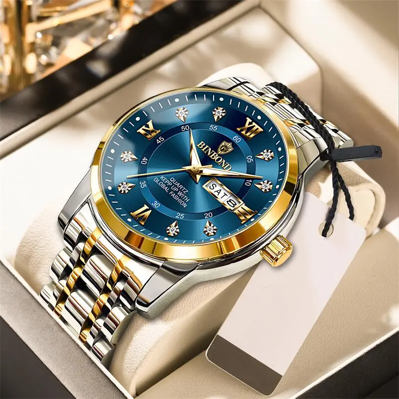 2025 Quartz Watch for Men Luxury Diamonds Gold Watch Waterproof Luminous Stainless Steel Business Men's Quartz Watch Mens Watch
