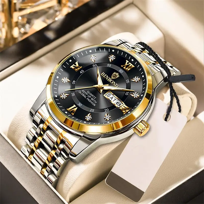 2025 Quartz Watch for Men Luxury Diamonds Gold Watch Waterproof Luminous Stainless Steel Business Men's Quartz Watch Mens Watch