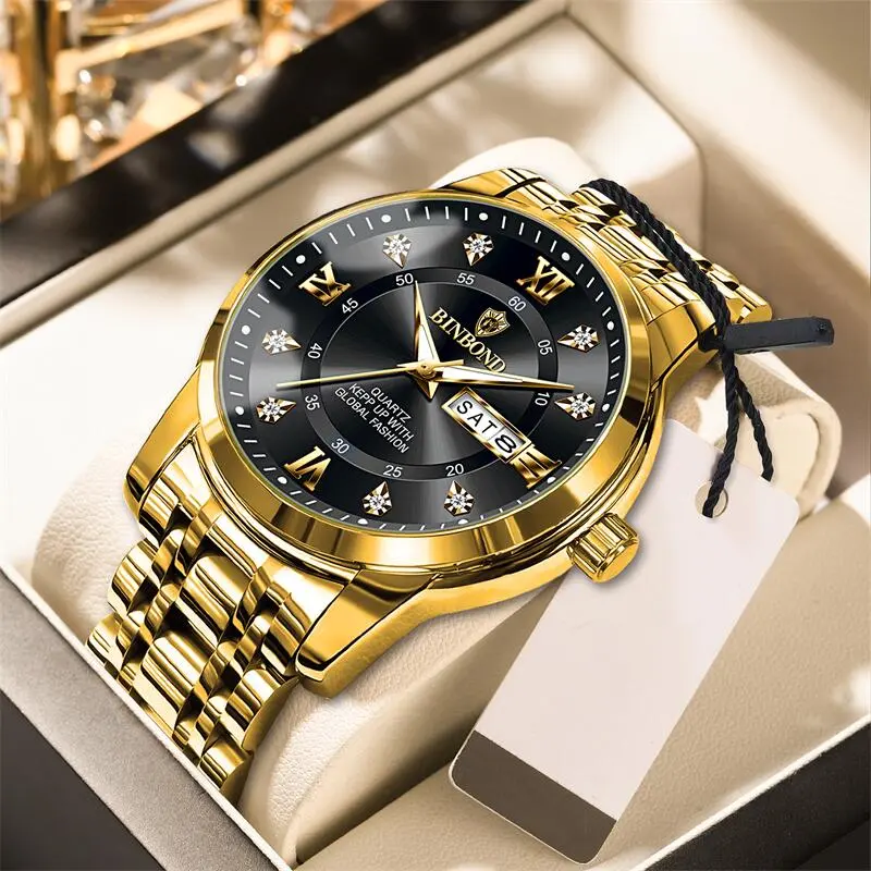 2025 Quartz Watch for Men Luxury Diamonds Gold Watch Waterproof Luminous Stainless Steel Business Men's Quartz Watch Mens Watch