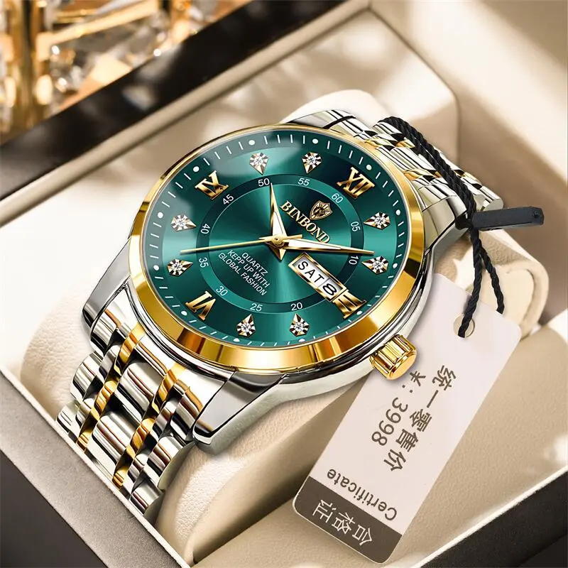 2025 Quartz Watch for Men Luxury Diamonds Gold Watch Waterproof Luminous Stainless Steel Business Men's Quartz Watch Mens Watch