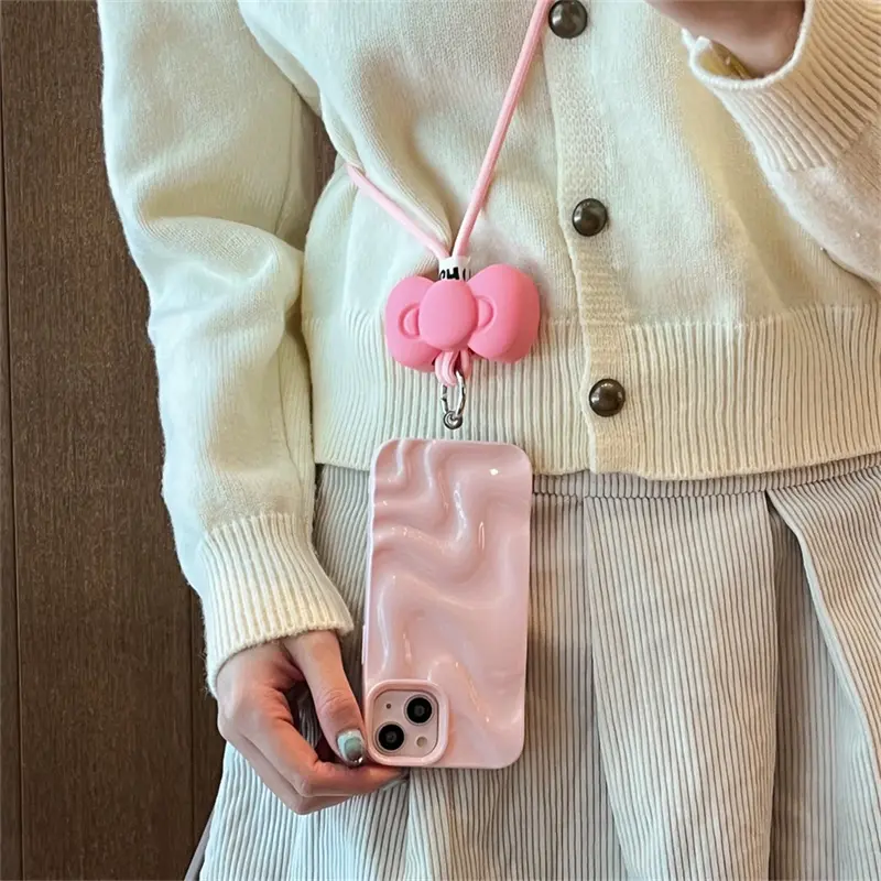 Korean Cute Universal Necklace Mobile Phone Crossbody Pink Bow Silicone Strap For iPhone 14 13 12 15 Pro Max For Samsung Chain