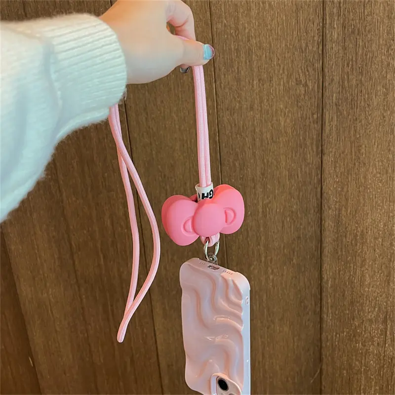 Korean Cute Universal Necklace Mobile Phone Crossbody Pink Bow Silicone Strap For iPhone 14 13 12 15 Pro Max For Samsung Chain
