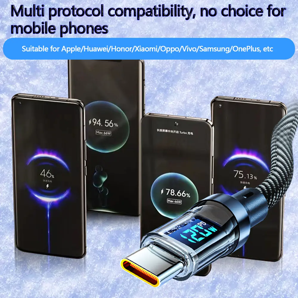 120W USB to Type C Cable Phone Super Fast Charging Cable 100W Type-C To Type-C Data Cord With LED Display For Huawei Oppo Vivo ﻿