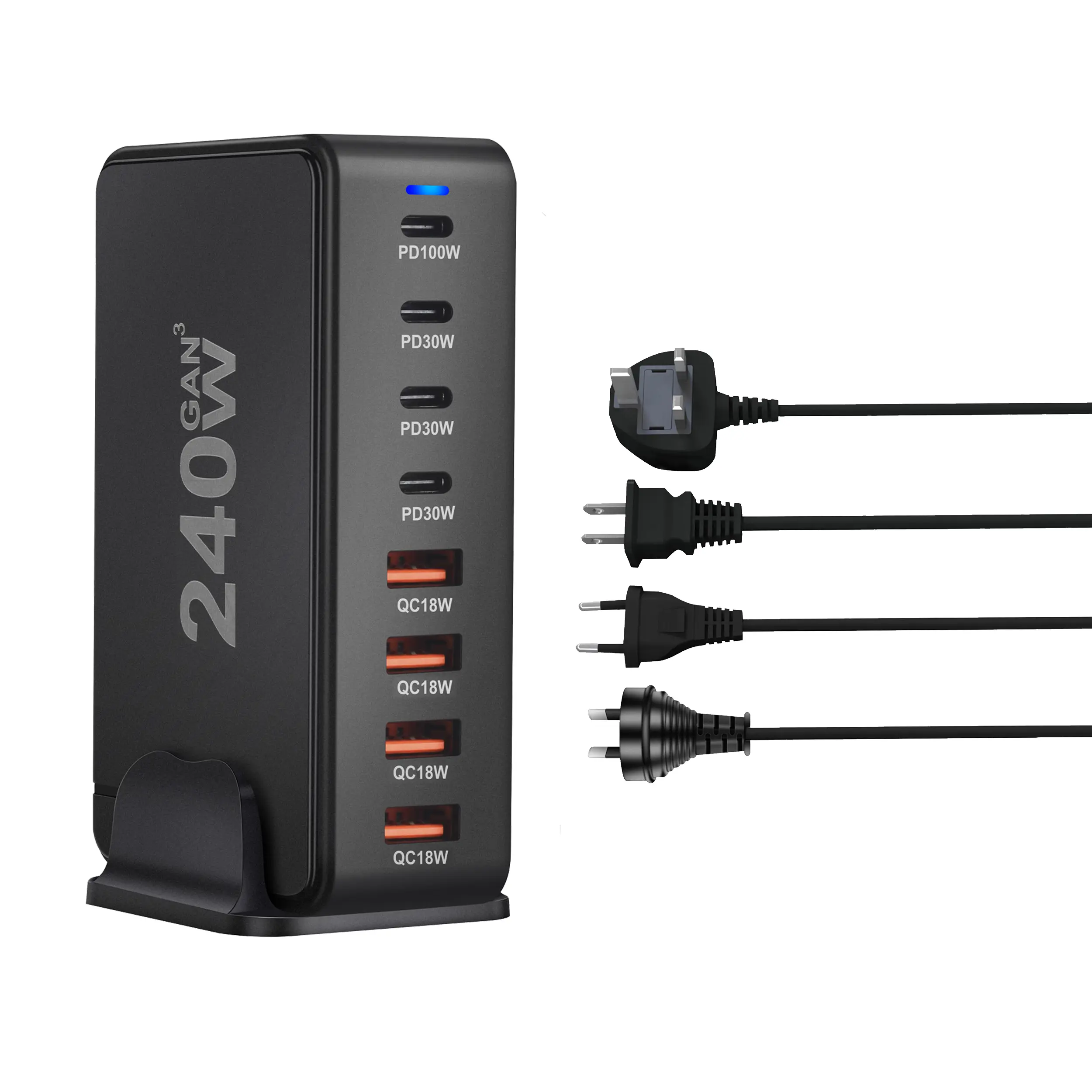 240W GaN desktop charger with 8 USB-C ports, supports PD 3.0 fast charging and is compact & portable