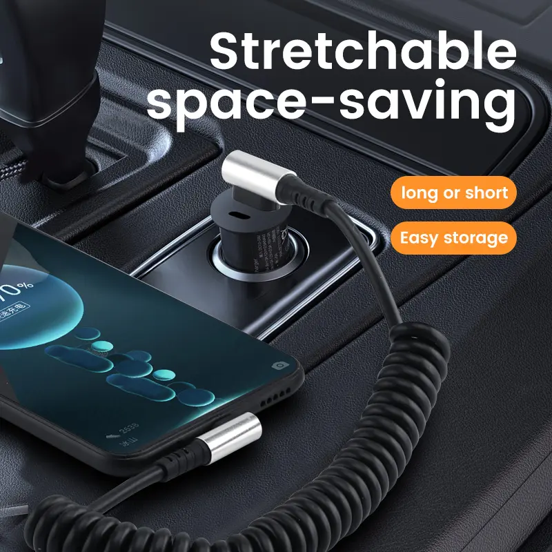 OLAF 6A USB Type C Data Cable 90° Elbow Car USB Spring PD Fast Charging Cable for iPhone 15 Sumsung Xiaomi POCO Huawei Honor LG