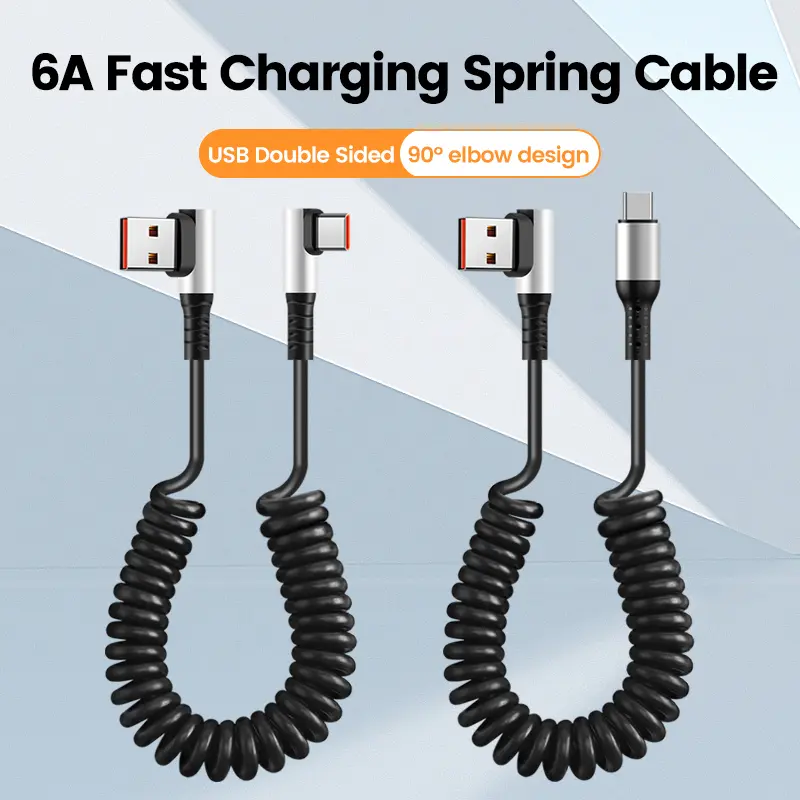 OLAF 6A USB Type C Data Cable 90° Elbow Car USB Spring PD Fast Charging Cable for iPhone 15 Sumsung Xiaomi POCO Huawei Honor LG