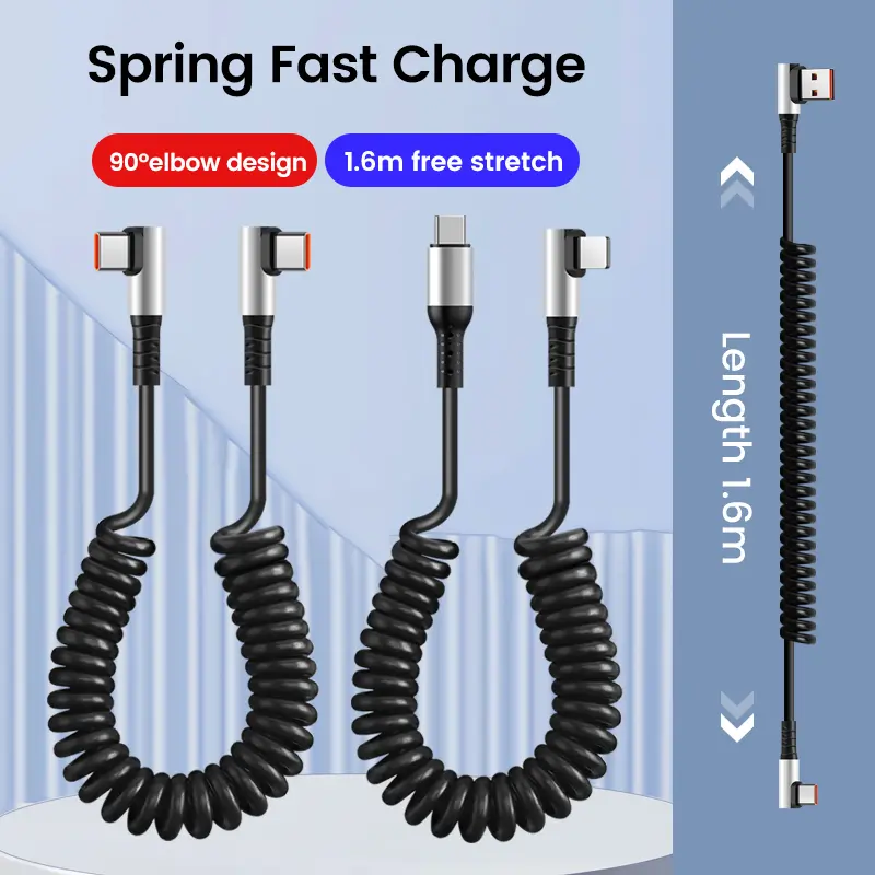 OLAF 6A USB Type C Data Cable 90° Elbow Car USB Spring PD Fast Charging Cable for iPhone 15 Sumsung Xiaomi POCO Huawei Honor LG