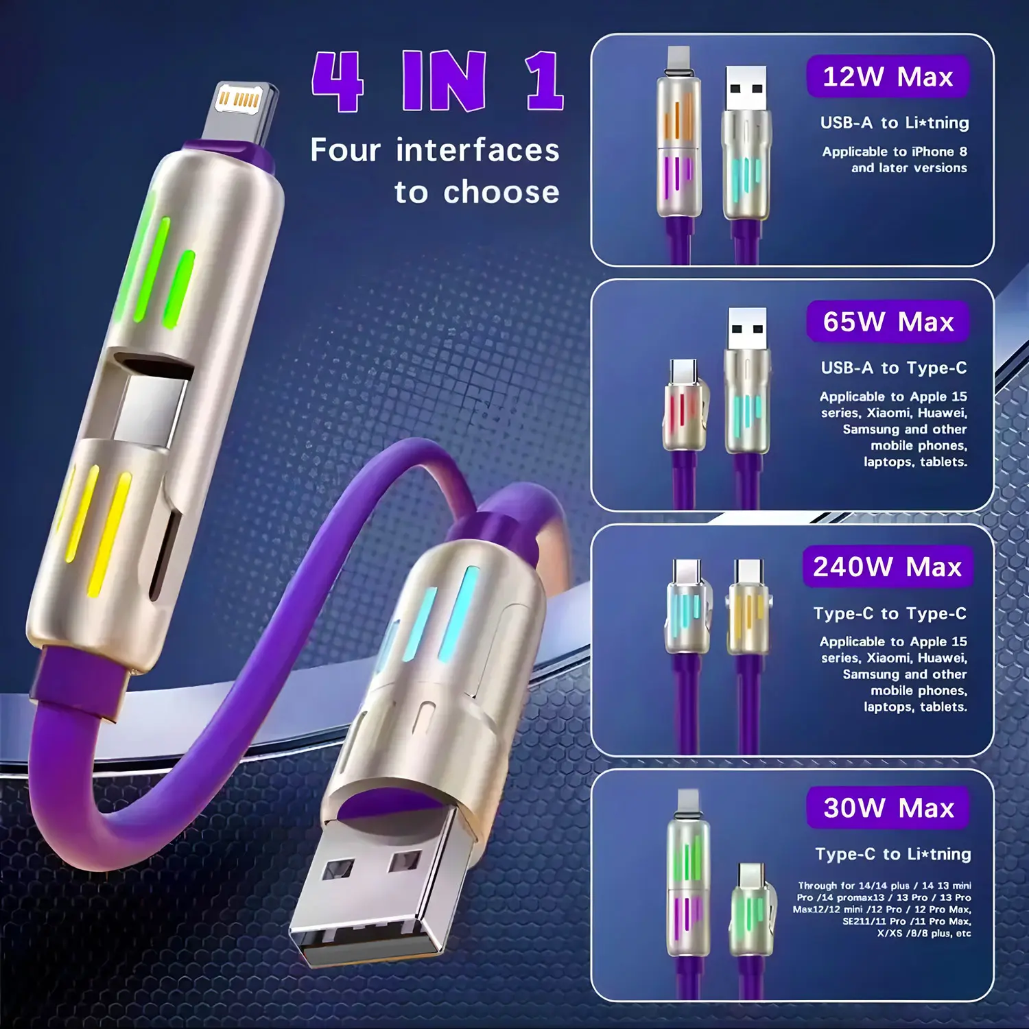 4 in 1 Functional 240W Super Fast Charge USB Type C Liquid Silicone Aluminum Alloy Data Cable For iPhone Huawei Samsung Xiaomi