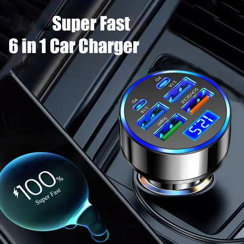 UYUXIO 6 in 1 Super Fast Charge USB C Car Charger Adapter Multi Port with Voltage Display for Samsung iPhone 16 15 14 Pro Max