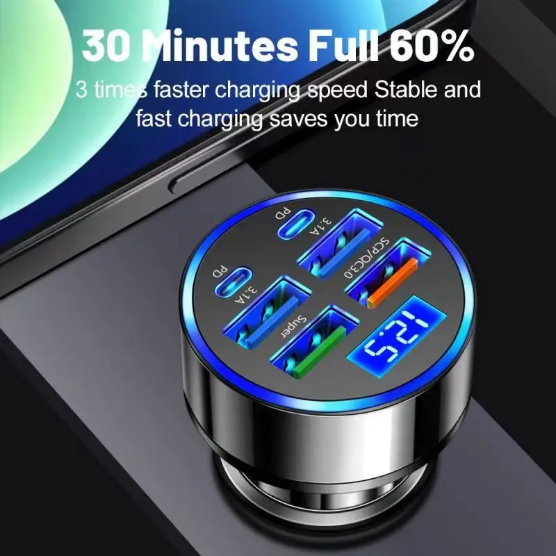 UYUXIO 6 in 1 Super Fast Charge USB C Car Charger Adapter Multi Port with Voltage Display for Samsung iPhone 16 15 14 Pro Max