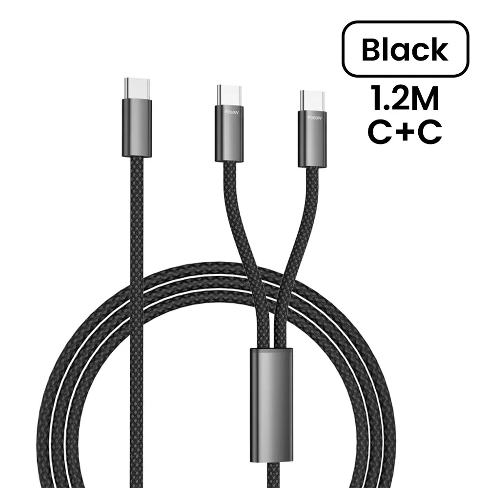 2 IN 1 USB Type C Cable PD 60W Dual Type C Fast Charging Cable For iPhone 15 16 Pro Xiaomi Huawei USB C Mobile Phone Data Cord