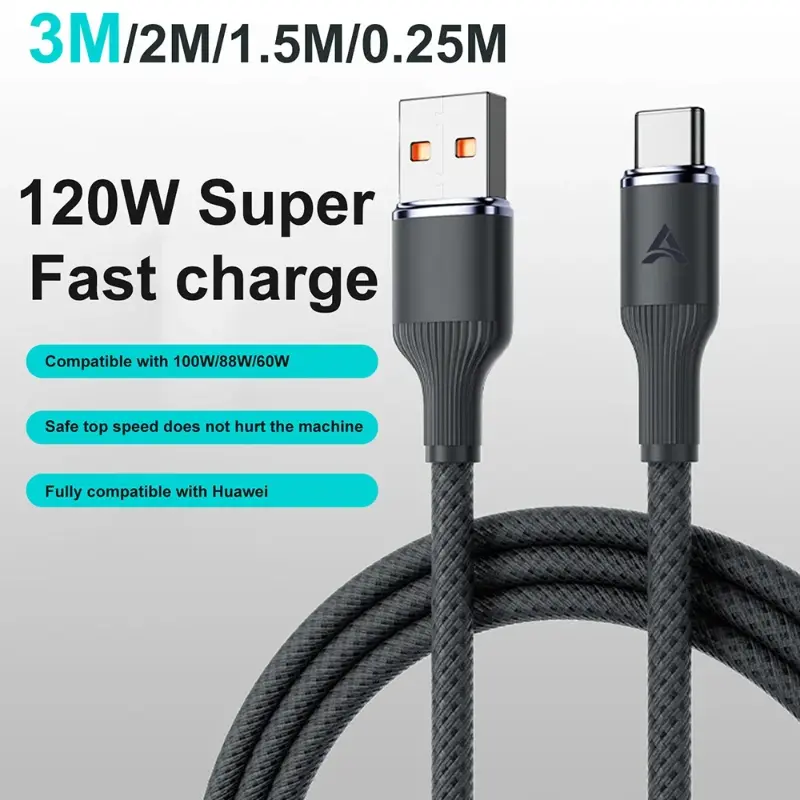 MAOYYE 120W Fast Charging Cable USB A To USB C 0.25/1/2/3m  Braid Data Line for IPhone 15 16 Xiaomi Huawei P60 Phone Charge