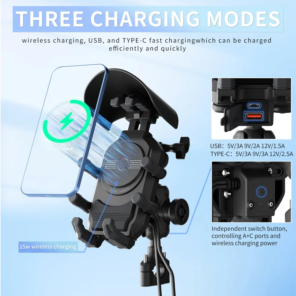 Fast Charger Stand 15W Wireless Charging Shockproof Smartphone Handlebar Mount Anti-Theft Bike Cellphone Support Waterproof
