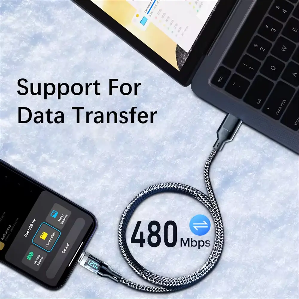 6A USB Type C Cable PD Cable Fast Charging 120W LED Digital Display Nylon Data Cord for iPhone Xiaomi Samsung USB C Charge Cable