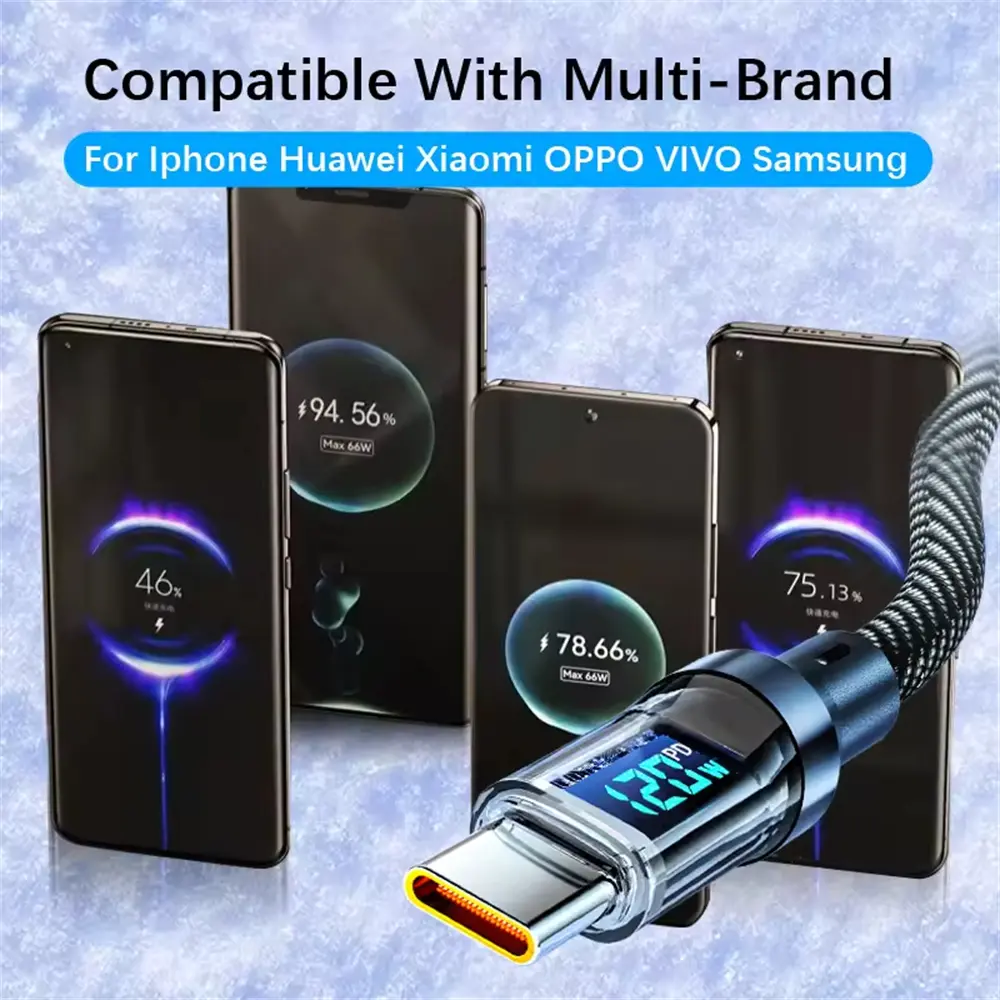 6A USB Type C Cable PD Cable Fast Charging 120W LED Digital Display Nylon Data Cord for iPhone Xiaomi Samsung USB C Charge Cable