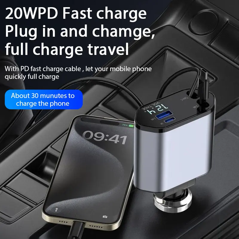 4 in 1 120W Car Charger Retractable Car Cigarette Lighter Adapter USB Type C Fast Charger Cable For IPhone Xiaomi Huawei Samsung