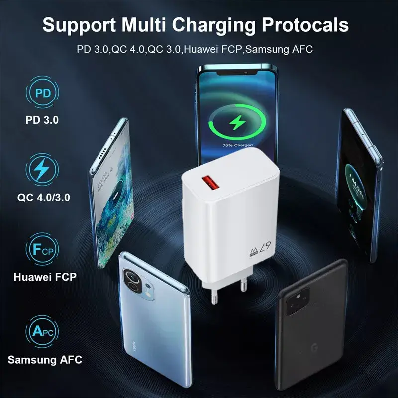 GaN 67W Charger Turbo Quick Charge 3.0 EU US UK Adapter USB Type C Cable for Xiaomi 14 13 12 Redmi Note Fast Charging Charger