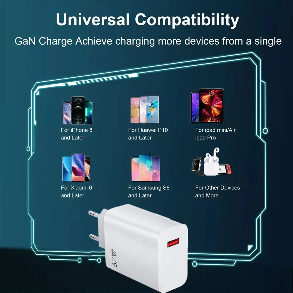 GaN 67W Charger Turbo Quick Charge 3.0 EU US UK Adapter USB Type C Cable for Xiaomi 14 13 12 Redmi Note Fast Charging Charger